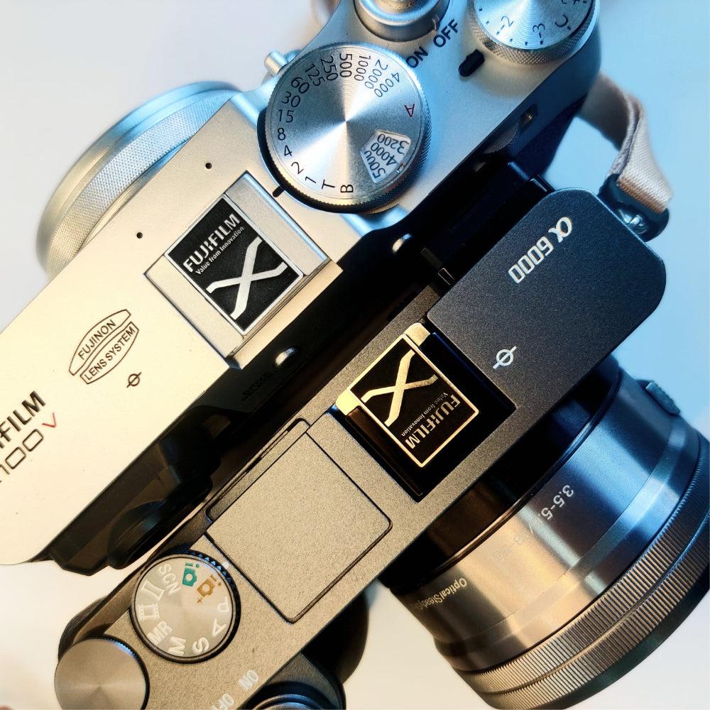 fujifilm hot shoe cover x logo silver and gold overview